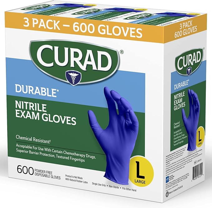 Curad Nitrile Exam Gloves, Durable, Powder Free, Chemical Resistant, Large, 600 Count, Color May Vary