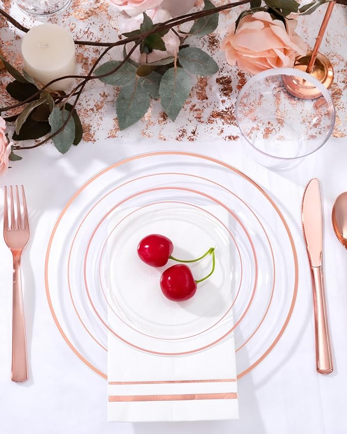 GATHER 700PCS Rose Gold Plastic Plates - Clear Rose Gold Rim Disposable Dinnerware Set Includes 200 Plates, 300 Silverware, 100 Napkins, 100 Cups for Party & Wedding