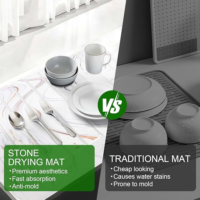 Large Stone Drying Mat for Kitchen Counter, Collapsible Stone Dish Drying Mats, Water Absorbing Diatomaceous Earth Drying Stone for Kitchen Counter, Kitchen Dish Drying Stone Mat, 24"×16" (White)