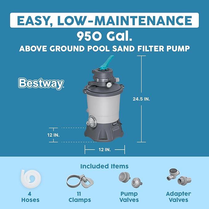 Bestway 950 Gallon Sand Filter Pool Pump for 300 to 4,800 Gallon Above Ground Outdoor Swimming Pools with Pre-Filter Strainer for Clean Water