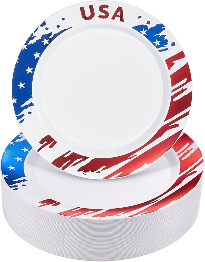 BESTVIP 50Pcs 4th of July Plastic Plates - Patriotic Red White Blue Disposable Plates with USA Pattern for Independence Day Memorial Day Party Supplies