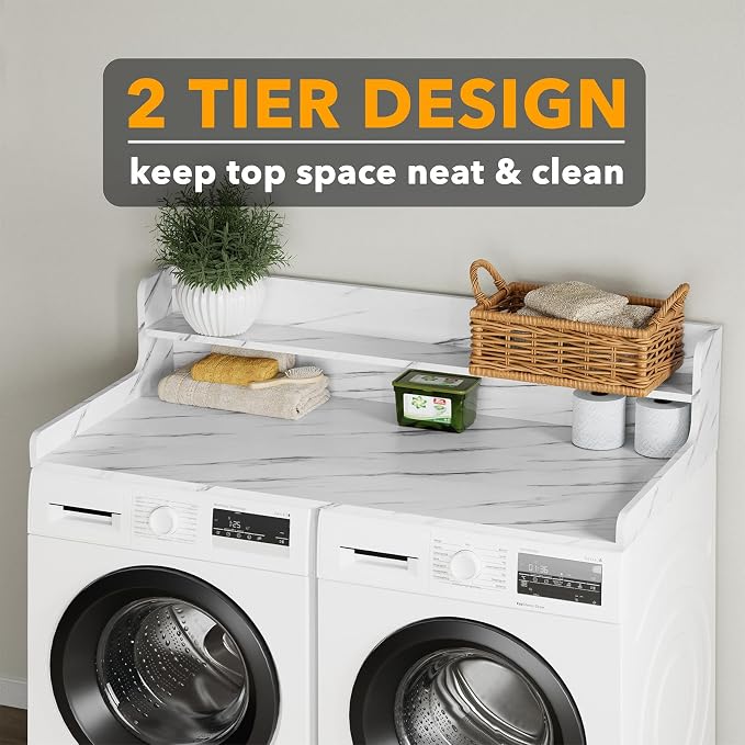 SpaceAid Washer Dryer Countertop with 2-Tier Shelf, Wood Topper with Edge, 54" Width x 27.5" Depth Cover Organizer Guard for Washer and Dryer Counter Laundry Hamper Storage (White Marble)