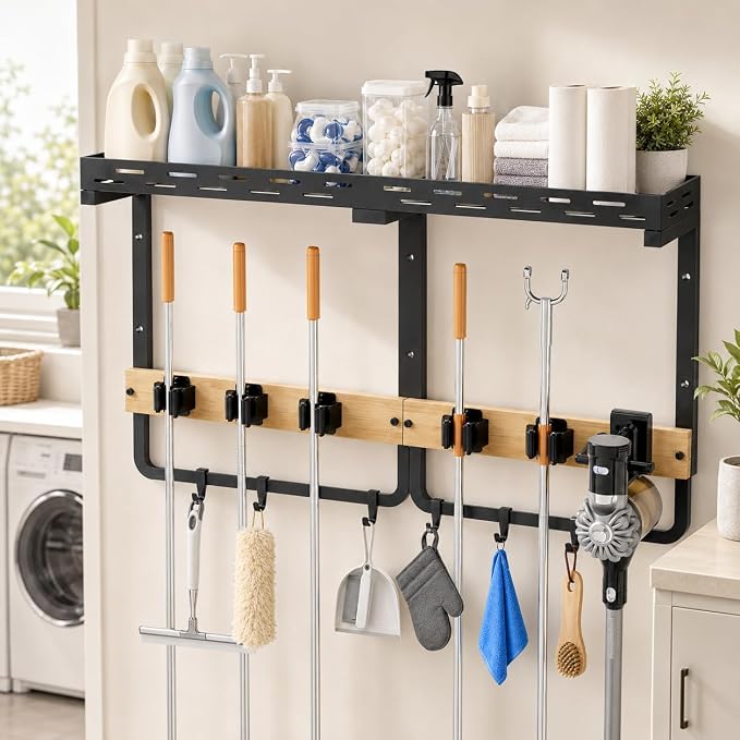 Broom Holder Wall Mount With Built-In Guardrail Shelf, Cleaning Supplies Organizer With 5 Mop Grippers, 6 Hooks And Vacuum Holder For Laundry Room Garage Pantry Kitchen
