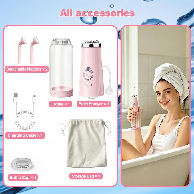 Portable Bidet for Travel - Rechargeable Handheld Electric Bidet | Adjustable Interchangeable Nozzle, 4 Spray Modes & IPX7 Waterproof, Perfect for Home Travel Postpartum Personal Hygiene