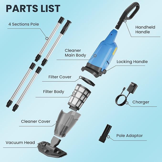 Handheld Pool Vacuum for Above Ground Pool, 18 GPM Powerful Suction, 60 min Runtime, 120μm Fine Filter, 4-Section Pole, Pool Cleaner for Leaves, Sand and Debris, Ocean Blue