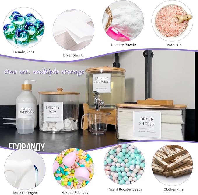 Laundry Room Organization Set 12, Laundry Pods Container & Dryer Sheet Holder with Lids & Labels, Liquid Laundry Detergent Dispenser, Fabric Softener Dispenser for Detergent Powder Dryer Balls Beads