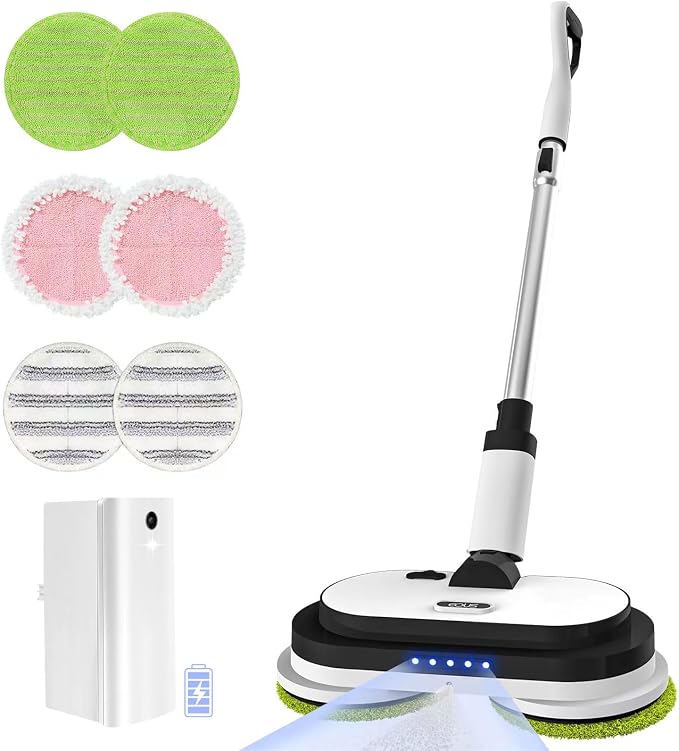 Eous Cordless Electric Mop, Self-Propelled Floor Cleaner with LED Headlight and Water Sprayer, Dual Motor Spin Scrubber, Detachable Battery, 300 ml Tank for Hardwood Tile Laminate Vinyl