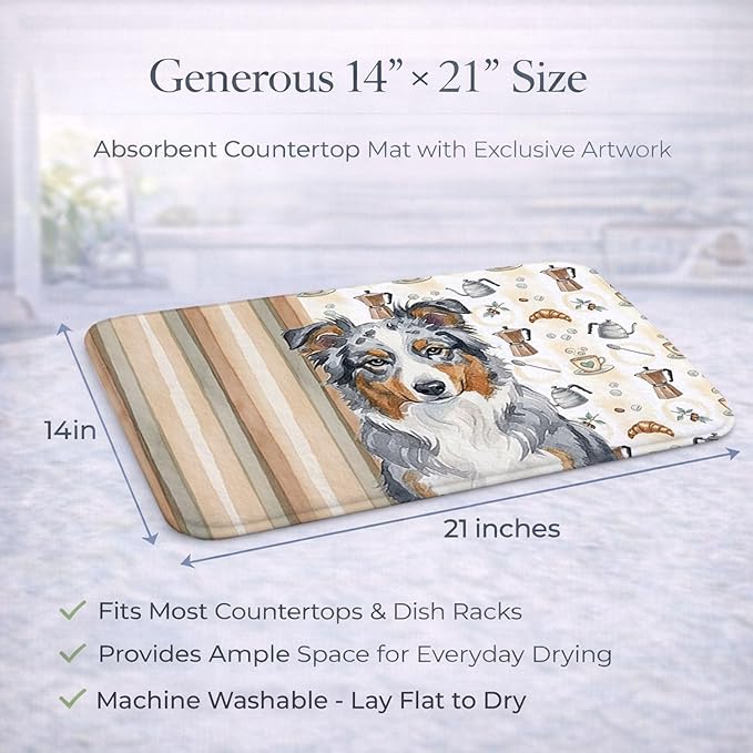Caroline's Treasures Blue Merle American Shepherd Coffee Bar Dish Drying Mat Absorbent Dish Drying Mat Pad for Kitchen Counter Dish Drainer Mat for Countertop, 14 x 21", Multicolor