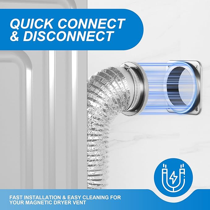 Magnetic Dryer Vent Connector Kit - Strong Magnet Airtight Seal Dryer Vent Hose for Tight Space, Quick Connect Disconnect, Easy to Clean 4-inch Sealed Hose with Clamps & Screws