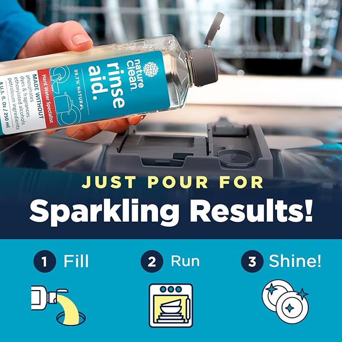 Nature Clean Dishwasher Rinse Aid Liquid, Non Toxic Natural Formula, Spot Free Shine for Glasses & Dishes, Hard Water Stain Remover, Dishwasher Drying Agent, 8 oz/250 ml Pack of 12