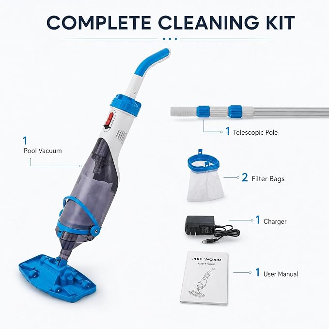Cordless Handheld Pool Vacuum with Telescopic Pole, Rechargeable Pool Vacuum Cleaner, 18.5 GPM Strong Suction, Up to 60 Min Runtime, for Above Ground & Inground Pools, Hot Tubs & Spas