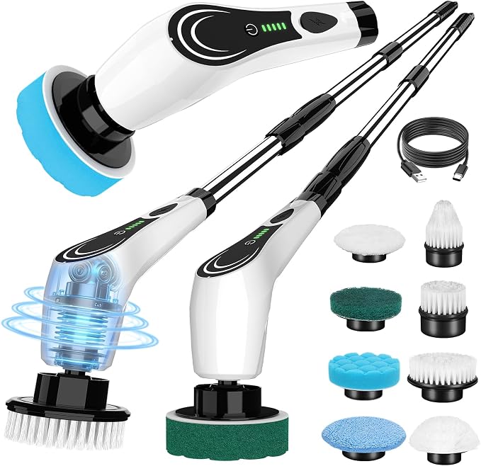 Electric Spin Scrubber Cordless 8-in-1 Power Scrubber with LED Display & Dual Speed, IPX7 Waterproof Bathroom Scrubber, Lightweight Cleaning Brush for Tile Grout Tub Shower Glass, White-hx1...