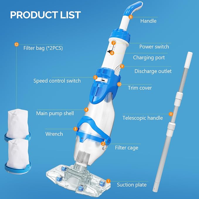 VINGLI Pool Vacuum for Above Ground Pools, 40W 18.5GPM Suction, 60 Mins Runtime, 1.5H Fast Charging, 29.3-71inch Telescopic Pole, Ideal for Leaves & Debris Deep Cleaning