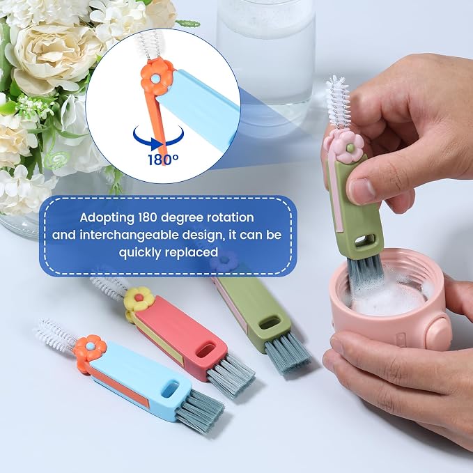 6pc 3 in 1 Cup Lid Cleaning Brush, 180° Rotatable Multifunctional Crevice Cleaner for Water Bottle Tumbler Baby Bottle, Cup Lid Gap Brush with Soft & Firm Bristles + Pick, 6 Pack