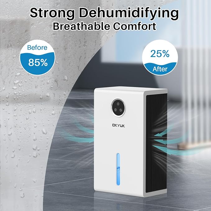 OKYUK Dehumidifier, 95 oz dehumidifiers for home,1000 sq. ft Dehumidifiers for Bedroom with 7 Colors LED Light, Ultra Quiet & Auto Shut off dehumidifiers for basements Ideal for RV, Bathroom, Bedroom