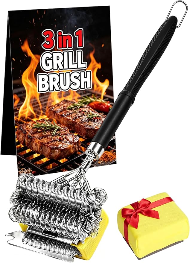 Professional 3-in-1 Grill Brush and Scraper with Safety Second Sweep Sponges - 18" Detachable Long Handle BBQ Cleaner for Heavy Duty Grime - Ideal Father's Day Grilling Gift for Men (Black)