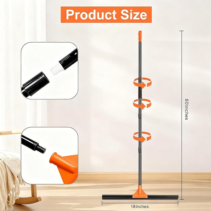 Heavy Duty Floor Squeegee with Long Handle, 18" Rubber Wiper Broom for Concrete Tile Cleaning Commercial Scrubber Mop for Garage Deck Bathroom Kitchen Pool