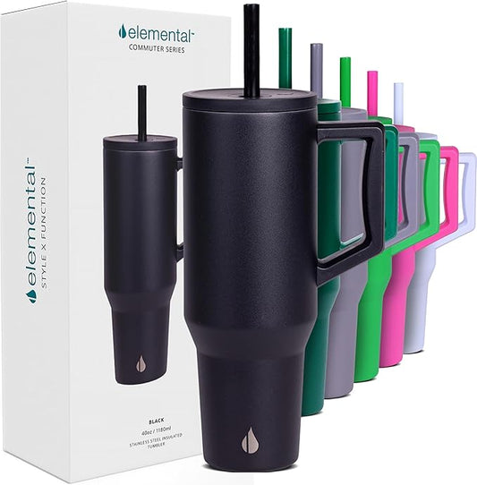 Elemental 40 oz Tumbler with Handle and Straw - Spill Proof Insulated Stainless Steel Commuter for Cold Beverages - Travel Coffee Mug with 2 Straws & Spill Proof Lid - 40oz - Black