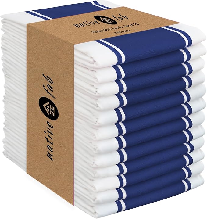 Native Fab Blue Kitchen Towels 18x28 Inch, Set of 12, Wide Stripe, Super Absorbent, Quick Dry, Soft, 100% Cotton Dish Towels for Wiping Hands, Drying Dishes, Cleaning Dishcloths Set - Ink Blue
