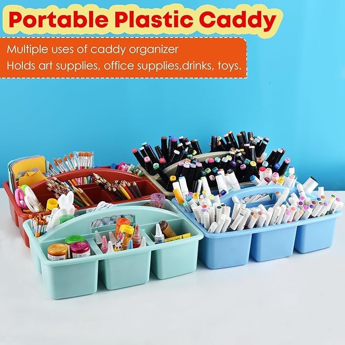 ALINK Plastic Classroom Caddy with 6 Compartments, 6-Pack Teacher Supply Storage Caddy Organizer for Classroom Supply, Office, Table, Desk, Craft Art, Pencil, Crayon, Marker - Macaron