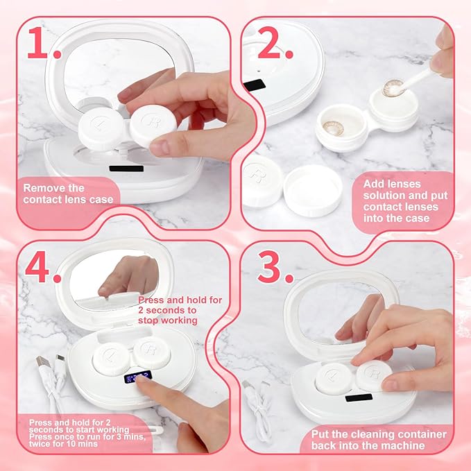 Contact Lens Cleaner, Portable Ultrasonic Contact Lens Cleaning Machine with USB Charger, LED Timer Display & 5 Contacts Solution Cases Kit for Soft Hard Colored RGP Lenses (Pink)