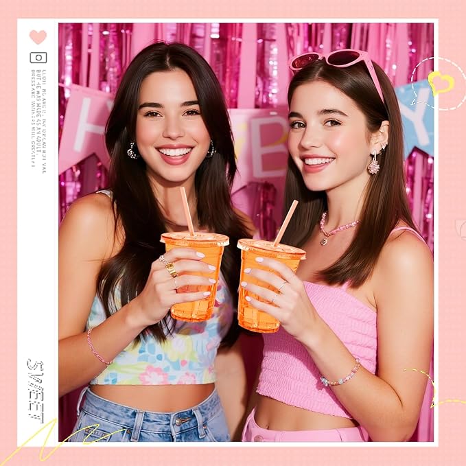 100 Set Orange Plastic Cups with Lids and Straws 12 oz Disposable Drinking Clear Cups for Wedding Orange Birthday Party Supplies