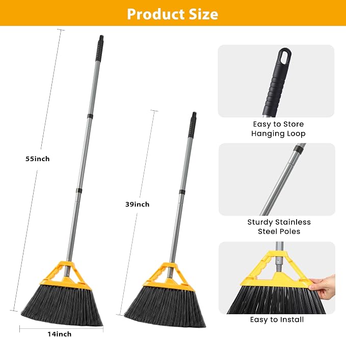 4 Pack Heavy Duty Commercial Broom, Indoor/Outdoor Broom for Floor Cleaning | Hard Bristle Angle Broom For Sweeping Courtyard Restaurant Garage Patio Decks Mall Market Kitchen Office Lobby Shop