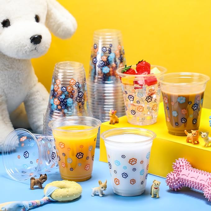 Uiifan 50 Pcs Blue Dog Paw Plastic Cups Paw Print Birthday Party Supplies 12 oz Disposable Plastic Puppy Cups Cartoon Blue Orange Party Decorations for Patter Hot Cold Drinking Ice Coffee