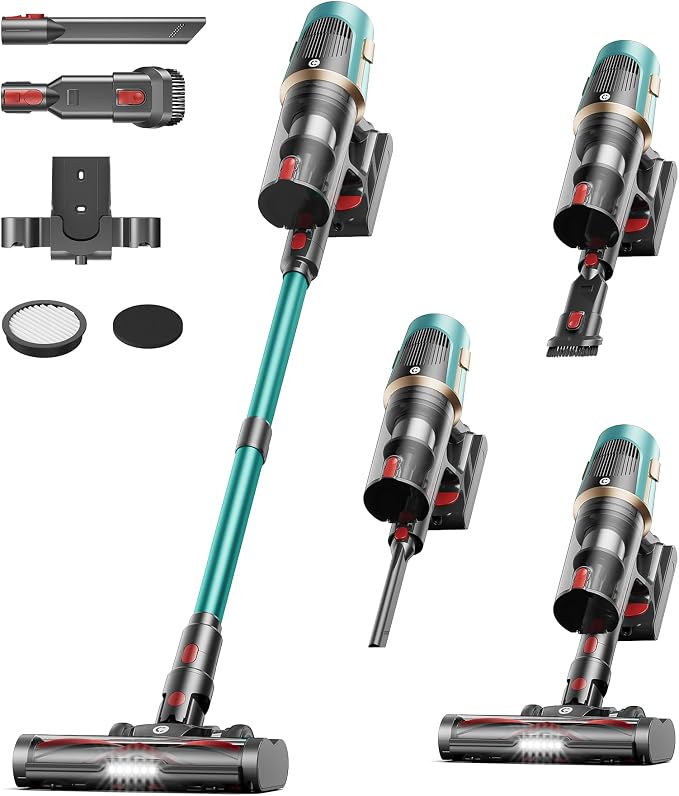 CHEBIO Cordless Vacuum Cleaner, 550W/45Kpa Vacuum Cleaners for Home with LED Display, Anti-Tangle Cordless Stick Vacuum with 65Min, Lightweight Wireless Vacuum (Green)