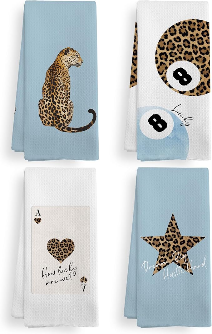 Trendy Leopard Cheetah Print Poker Lucky 8 Ball Bathroom Decor, Preppy Light Blue Leopard Decor Dish Hand Towels for Bathroom Kitchen Sets of 2, Cheetah Kitchen Towels and Dishcloths,16x24in