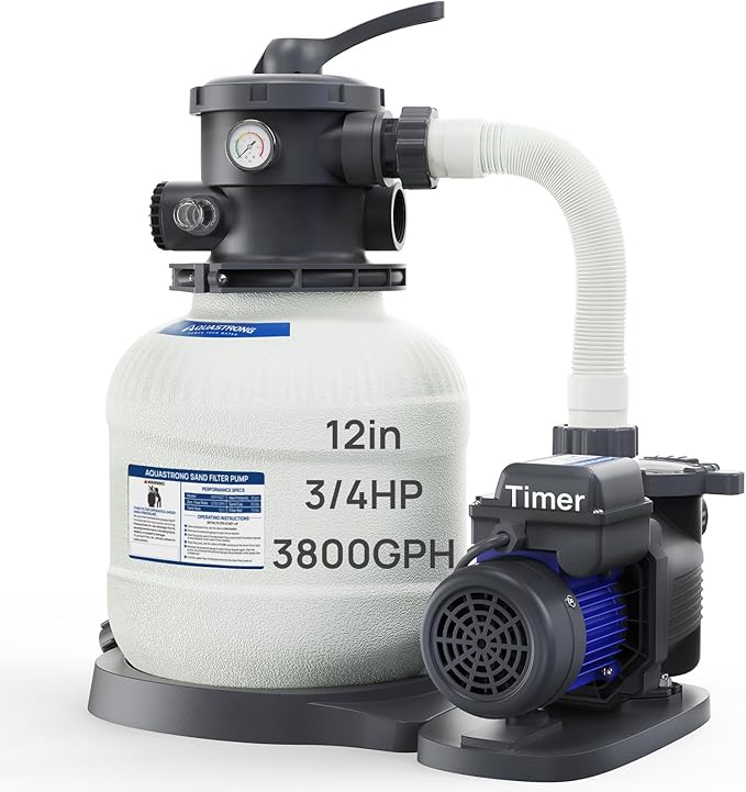 AQUASTRONG Sand Filter Pump for Above Ground Pool with Timer, 3/4 HP Pool Pumps Above Ground 3800 GPH for Pools up to 14000GAL, 12in Pool Filter with 6-Way Valve, Improved Circulation & Filtration