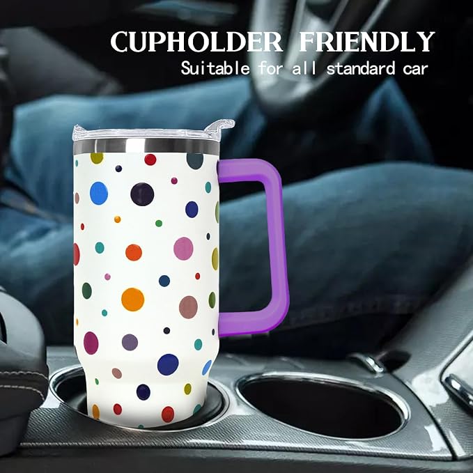Ceovfoi 40oz Polka Dot Tumbler with Handle Lid Straw, Vacuum Insulated Coffee Mug Water Bottle, Classic Print Decor Gifts for Women