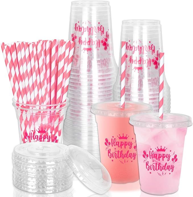 Whaline 50 Pcs 12 Oz Happy Birthday Disposable Plastic Cups with Lids and Straws Hot Pink Cold Beverage Drinking Cups for Home Kitchen Birthday Party Supplies