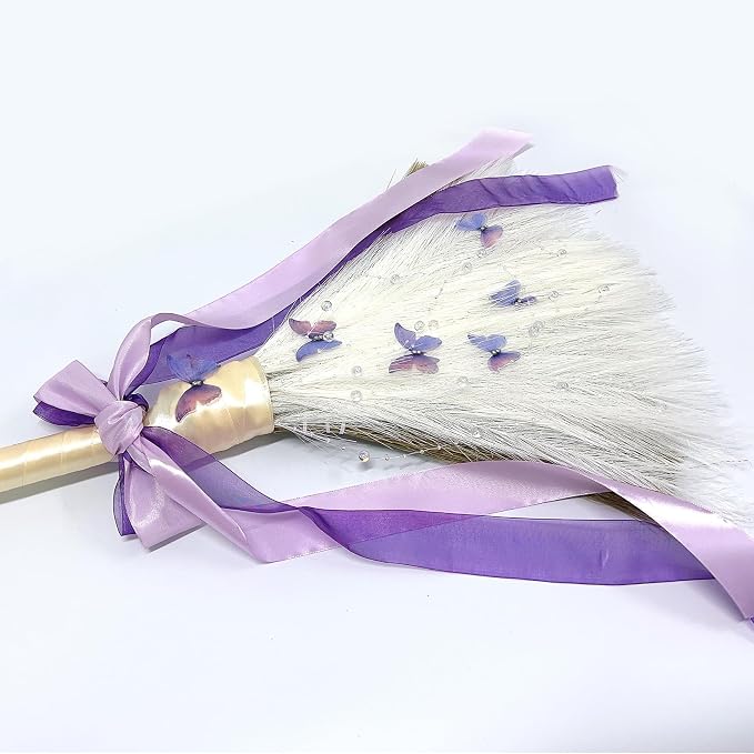 Wedding Broom Jumping Broom for Wedding Ceremony 28 inch Tall Whisk Brooms with Straw White Pampas Grass, Purple Butterfly/Ribbons (Finish Product)