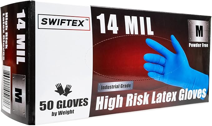 Heavy Duty Thick Latex Gloves, 14mil, Blue, Industrial, Powder Free, 12" Length, Textured, Multi-Purpose, Box of 50