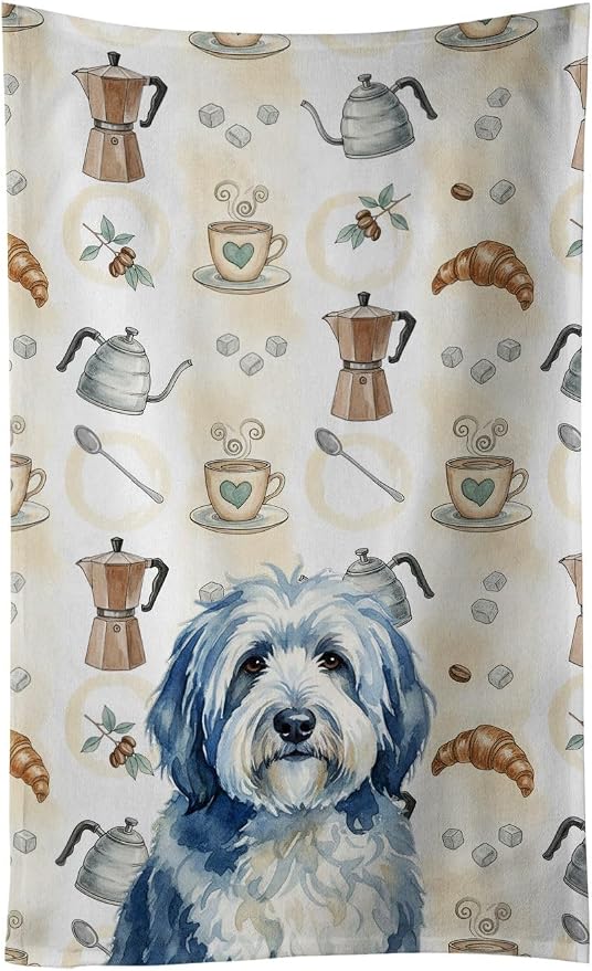 Caroline's Treasures Blue and White Old English Sheepdog Coffee Bar Kitchen Towel Velour Plush Front and Cotton Loop Back Machine Washable