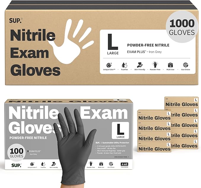 SUP Nitrile Exam Gloves, 1000 Ct Powder Free Latex Free Food Safe Non-Sterile Cooking Cleaning Disposable Medical Glove Black