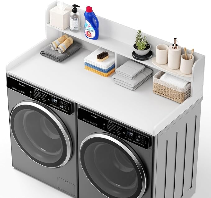 Washer Dryer Countertop with Non-Slip Pads, 2.75" H Guard, 54" W x 27.5" D Wood Laundry Countertop Cover, Large Space Washer Dryer Topper for Laundry Room Organization(White)