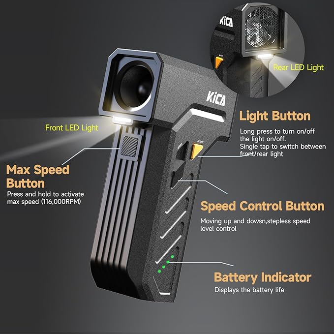 KiCA Jet Fan Ultra Electric Air Duster with LED Lights,13000rpm Srong Wind Speed,Cordless,Rechargeable,Portable,for Keyboard/Eletric Devoces/Car/Outdoors/Home Use,Canned Air Substitute Tool