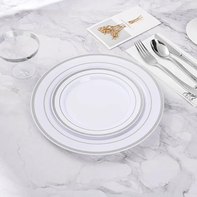 BESTVIP 200PCS Silver Plastic Plates, 10.25 Inch Disposable Dinner Plate Party with Silver Rim for Christmas, Thanksgiving, Heavy Duty Disposable Plastic Plates for Party, Wedding and Birthday, Events