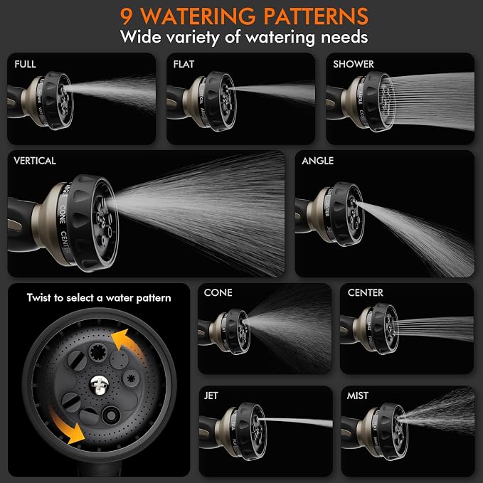 RESTMO Hose Nozzle with Easy Self-Lock Trigger, Heavy Duty Metal Water Hose Sprayer with 9 Spray Patterns and On/Off Valve, High Pressure | Thumb Flow Control, Ideal for Outdoor Lawn & Plant Watering,