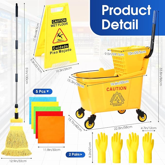 Maxdot 35 Quart Commercial Mop Bucket with Side Press Wringer on Wheels 10 Pcs Set Yellow Industrial Mop and Bucket with Caution Sign 5 Microfiber Cleaning Rag and 2 Gloves Set for Floor Cleaning