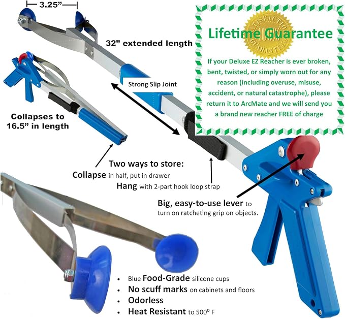 ArcMate EZ Reacher Indoor Grabber Reacher - Folding Grabber Tool with Collapsible Slip Joint, Locking Handle