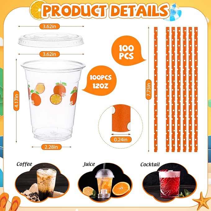 Blushtier 100 Set 12 oz Orange Disposable Plastic Cups with Lids and Straws Transparent Orange Watermelon Party Cups for Juice Water Coffee Tea Birthday Summer Fruit Party Supplies