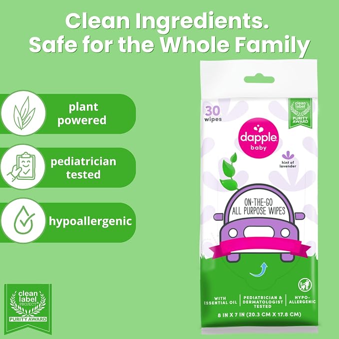 Dapple baby All Purpose Wipes, Hypoallergenic & Powered by Plants Cleaning Wipes, Hint of Lavender, 30 Count (Pack of 1)