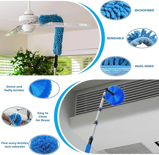 16FT Reach High Ceiling Duster Kits with 3-12FT Adjustable Pole - Includes Extra Long Duster, High Ceiling Duster, Rotatable Window Squeegee & Cobweb Duster for Ceiling Fans and Whole House Cleaning