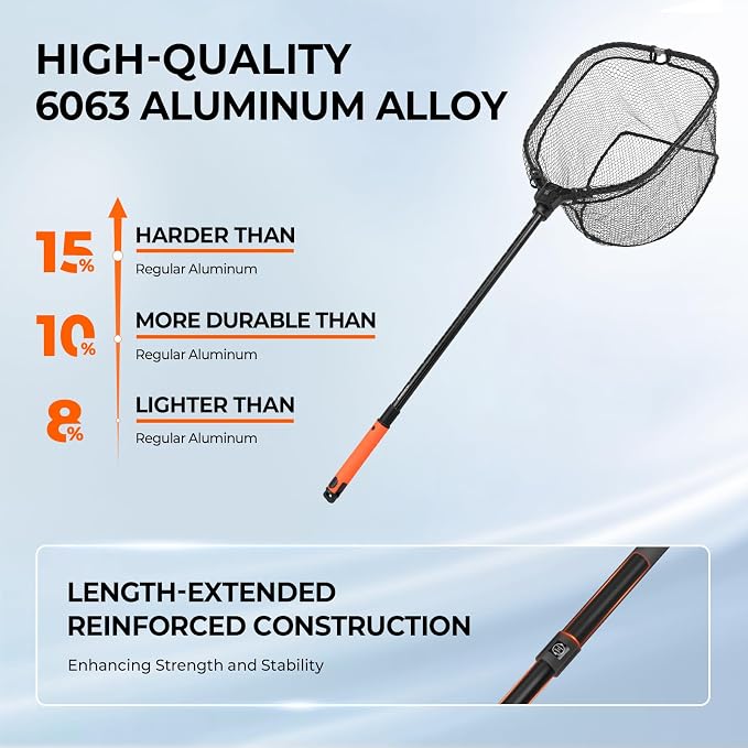 KastKing Brutus Folding Landing Net with Boat Hook, Foldable, Extendable, Lightweight & Strong, Multi-Functional Built-in Boat Hook, Non-Slip & Bright Orange TPR Handle, Two Nets Options
