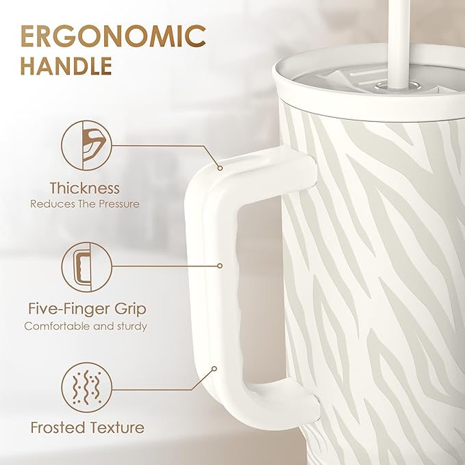 SANDJEST Zebra Skin 40oz Slider Tumbler with Handle and Straw - Insulated Stainless Steel Travel Coffee Mug for Women Girls, Gift for Birthday, Christmas