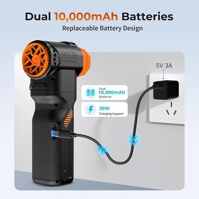 Compressed Air Duster with 40mm Brushless Motor, 2 Swappable 10000mAh Batteries, 36W Fast Charging, Cordless Air Blower for PC Keyboard, Car & Home Cleaning (Black)