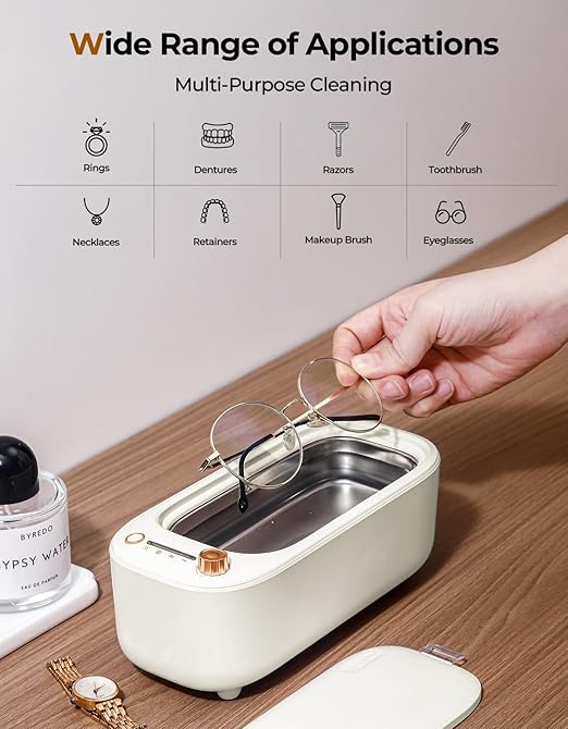 400ml Ultrasonic Cleaner Machine for Jewelry, Professional Electric Mini Cleaning Device with UV Light & 4 Modes for Glasses, Ring, Denture, Invisalign & Makeup Brush - Ivory
